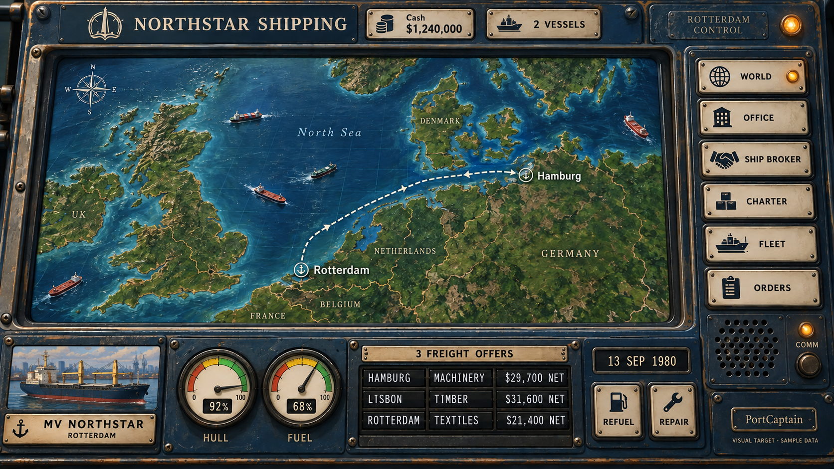 Painted maritime console: Northstar Shipping, North Sea chart, brass instruments and physical navigation buttons.